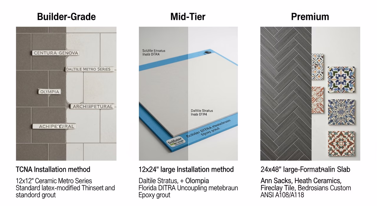 Three Toronto tile tiers compared: builder-grade 12x12 glazed ceramic with standard thinset and grout (Centura Genova, Daltile Metro), mid-tier 12x24 large-format porcelain over Schluter DITRA with epoxy grout (Daltile Stratus, Florida Tile), premium 24x48 porcelain slab or designer ceramic (Ann Sacks, Heath Ceramics, Fireclay)