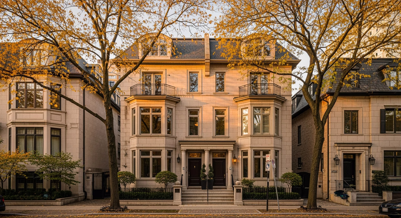 Toronto Yorkville 1990s luxury 2-storey townhome at golden hour with mature trees on a high-end urban street where premium large-format porcelain slab tile installs run $22-$28 per square foot with Schluter KERDI waterproofing
