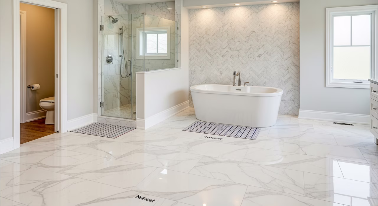 Completed Toronto luxury master bathroom with 24x48 large-format porcelain slab floor in soft Carrara-look Centura, Schluter KERDI waterproofing wet area, Nuheat in-floor warming, freestanding soaker tub, herringbone wall-tile accent