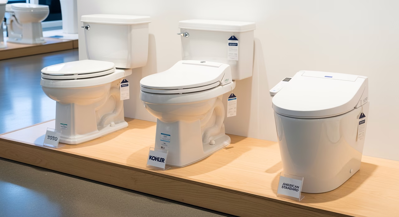 Toto, American Standard, and Kohler dual-flush toilets compared on showroom floor display