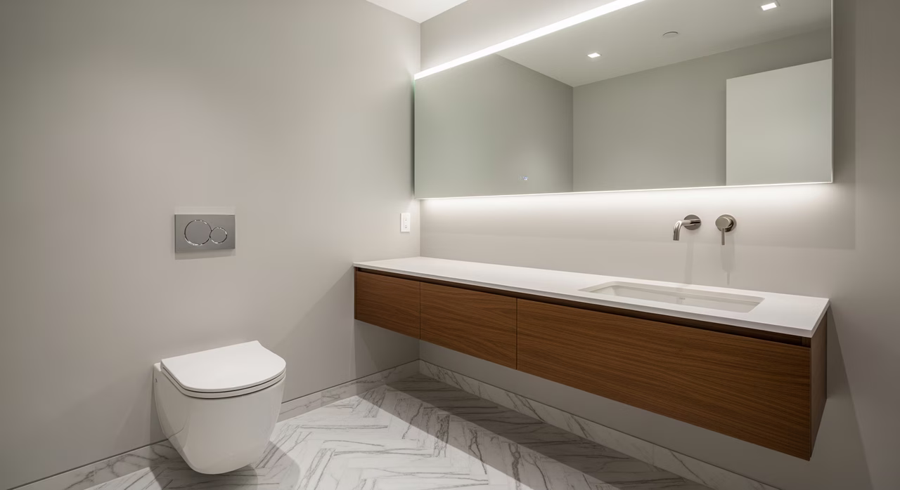 New toilet installation in Etobicoke semi-detached main bathroom with tiled floor