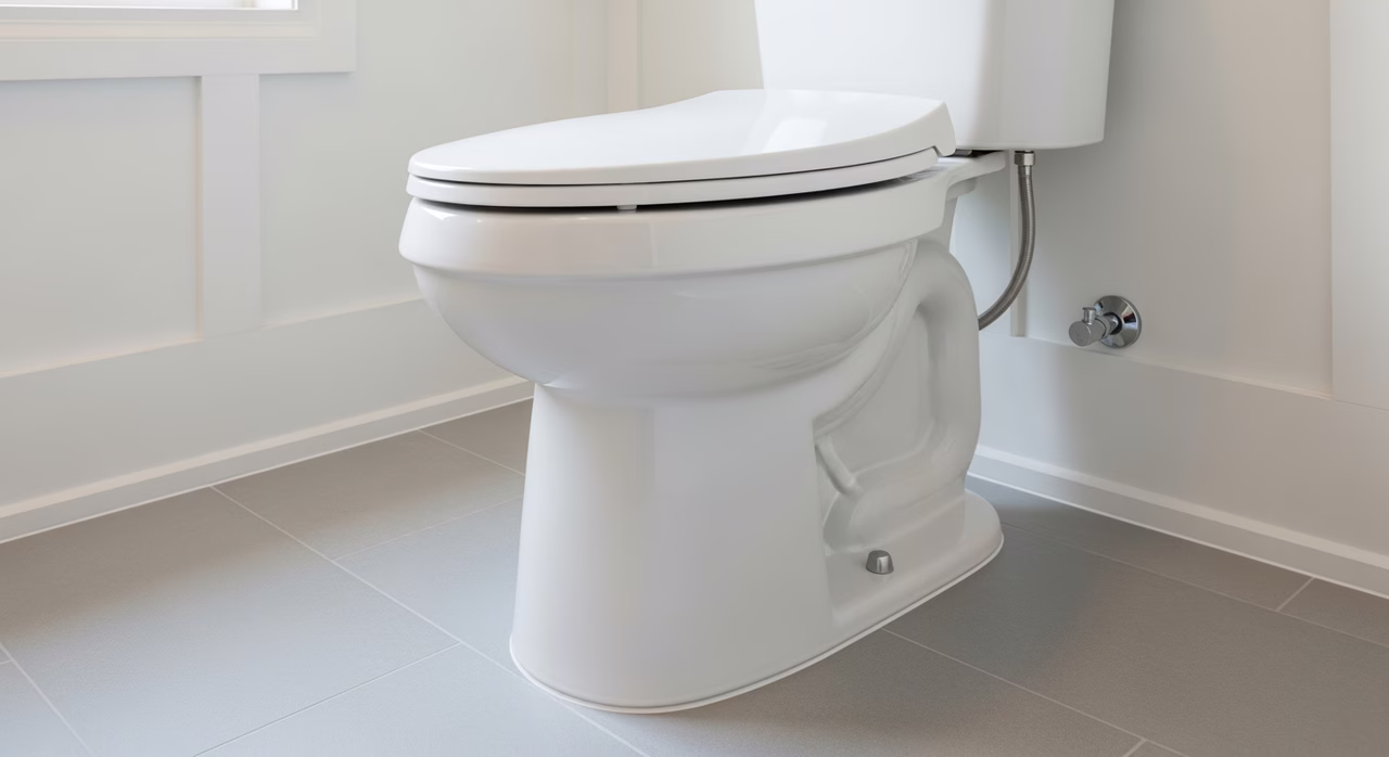 Close-up of properly caulked toilet base with chrome supply line and shutoff valve