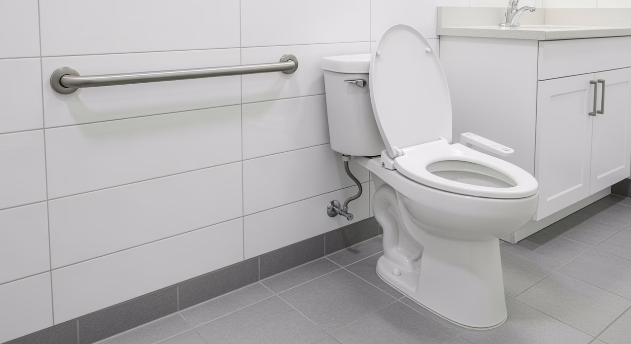 Completed toilet installation in North York ensuite with grey porcelain floor tile