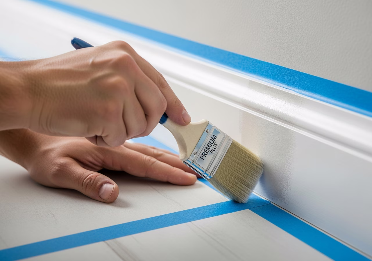 Brushing Behr Premium Plus paint on baseboard with protective tape