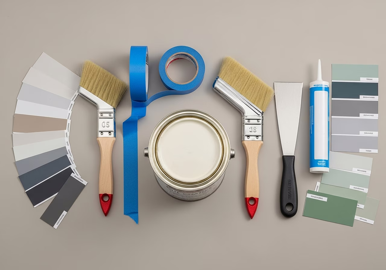 Trim painting kit β oil enamel, angled sash brushes, tape, caulk knife