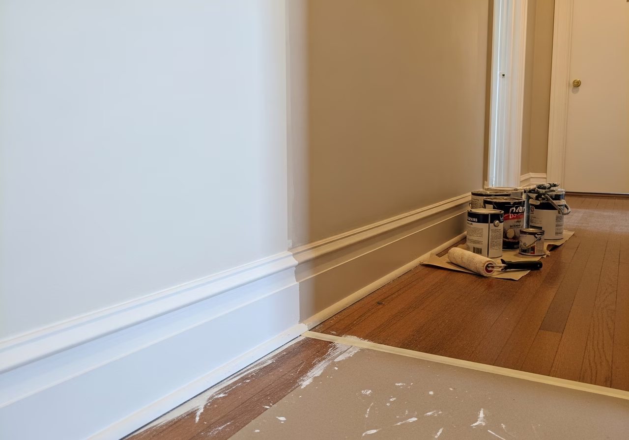 Hallway baseboards mid-paint β cloud white over old beige finish