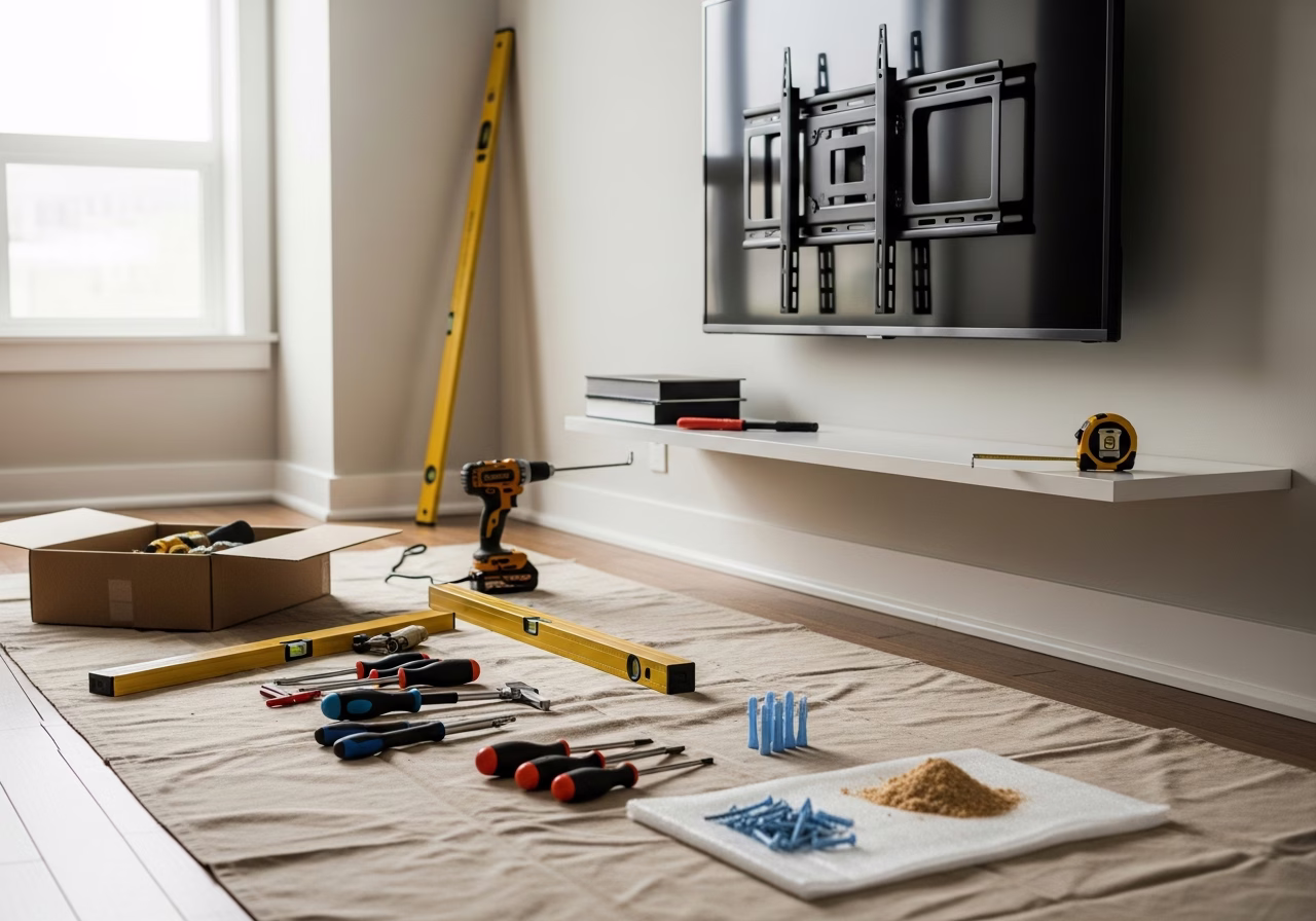 TV Mounting & Shelf Installation in progress: tools, materials, and protective floor covering staged for a Toronto furniture