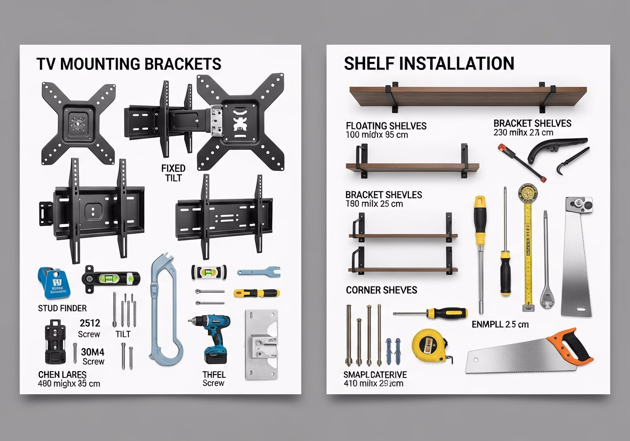 Side-by-side product and material comparison for tv mounting & shelf installation โ typical brands and finishes used in Toron