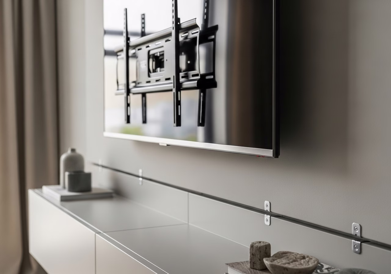Close-up detail of professionally completed tv mounting & shelf installation showing craftsmanship and finish quality