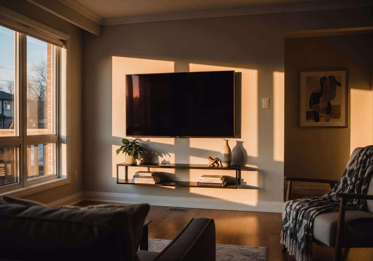 Finished tv mounting & shelf installation result in a Toronto/GTA home, photographed in natural light