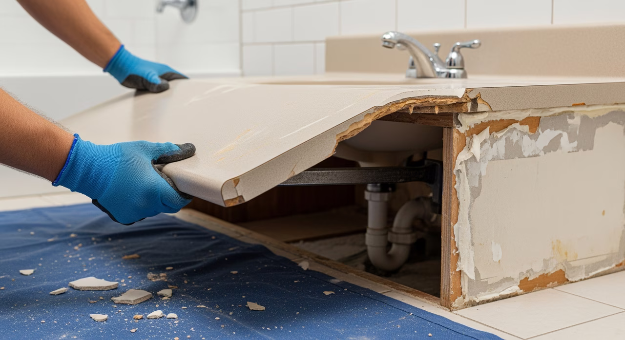 Licensed 306A plumber connecting drain and supply lines to new 36-inch vanity in Pickering bathroom