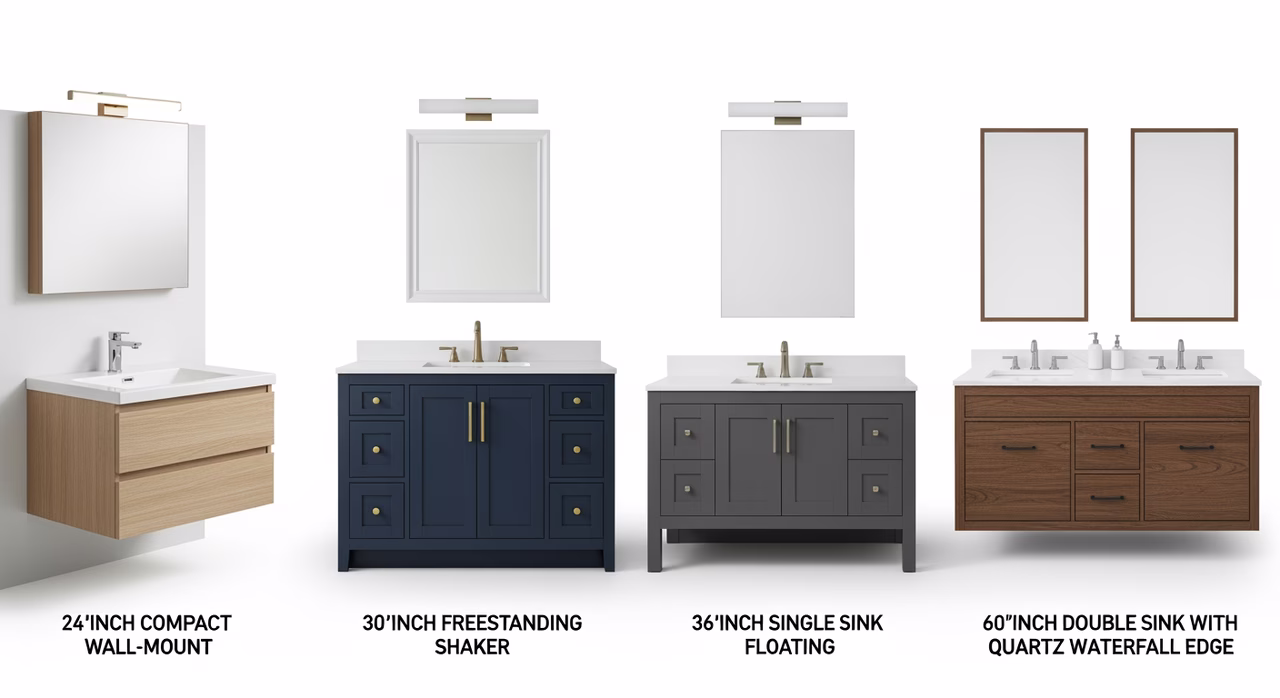 Stock Home Depot, semi-custom, and Toronto-built custom vanity options compared on display