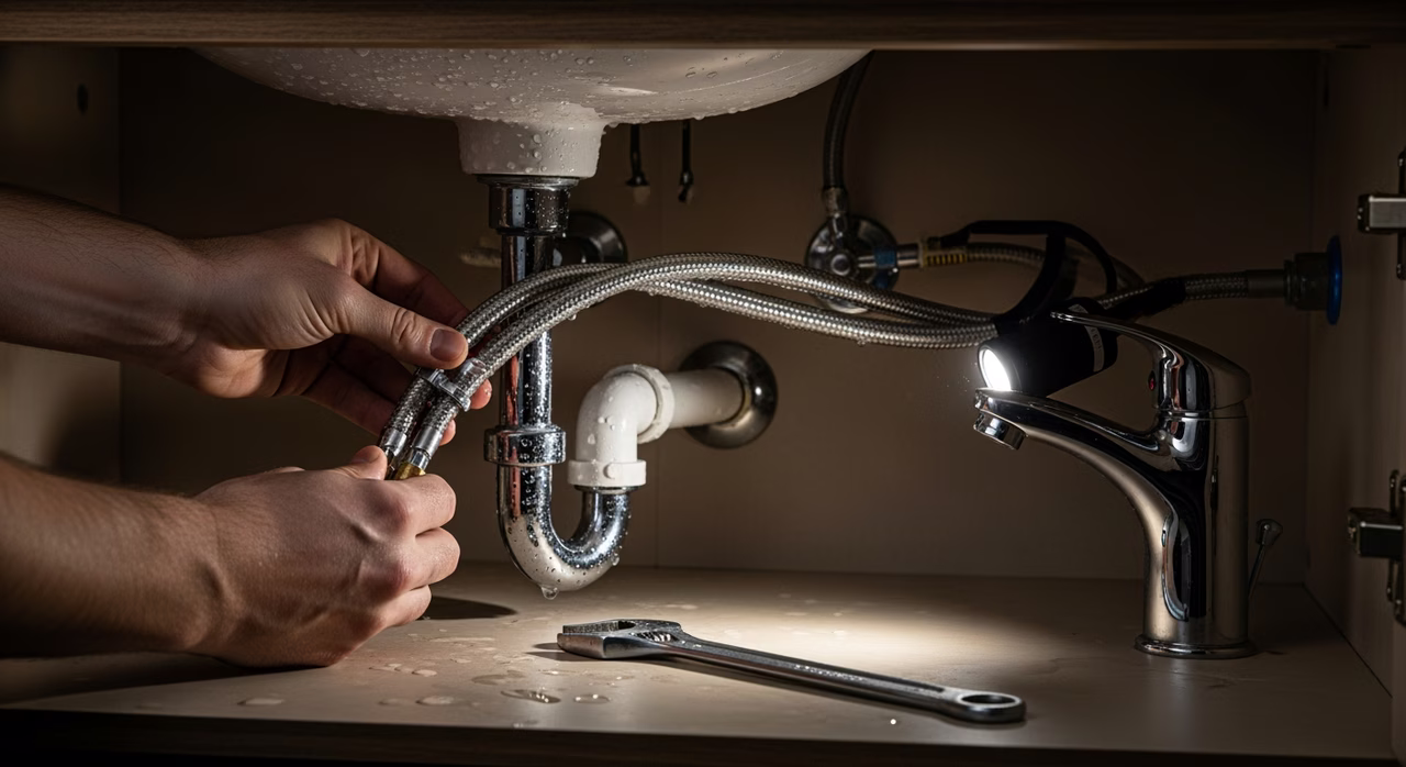 Close-up of vanity P-trap, shutoff valves, and silicone seal between vanity top and wall
