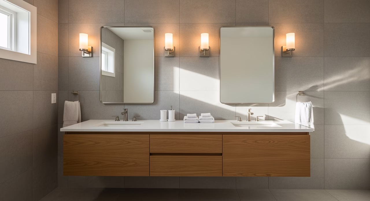 Vanity size grid showing 24, 30, 36, 48, and 60-inch options for GTA bathroom layouts