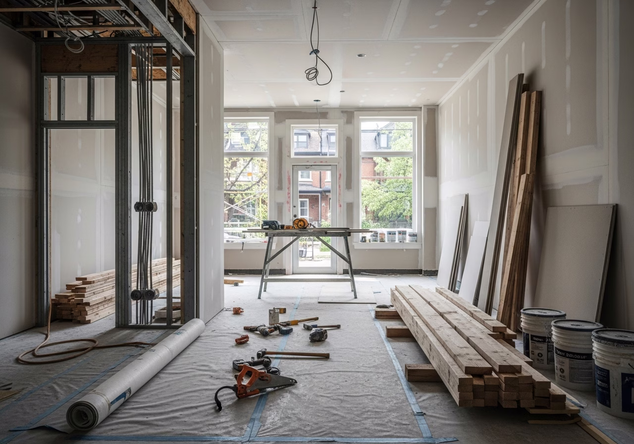Veterinary Clinic Buildout in progress: tools, materials, and protective floor covering staged for a Toronto home renovation