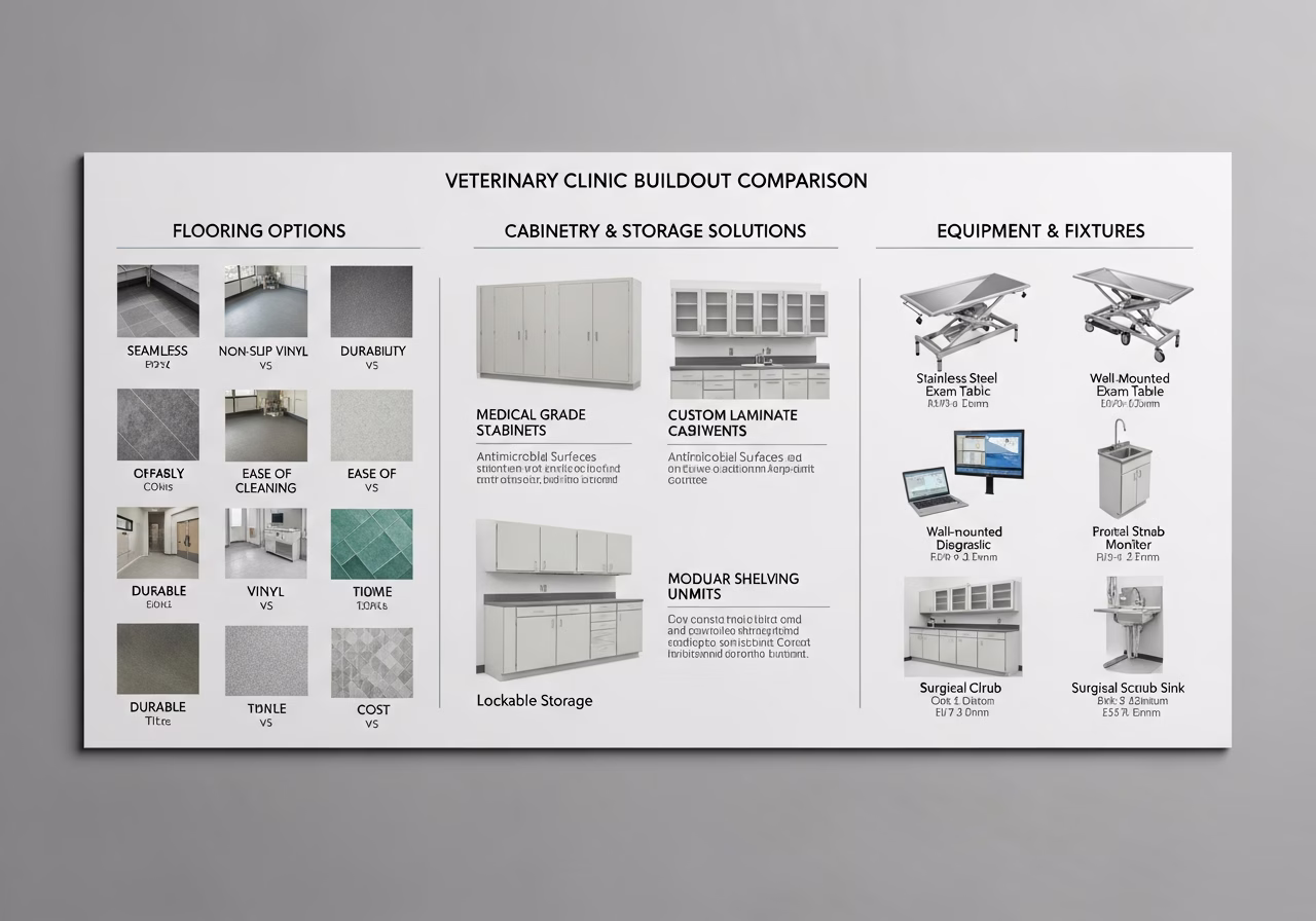 Side-by-side product and material comparison for veterinary clinic buildout — typical brands and finishes used in Toronto hom