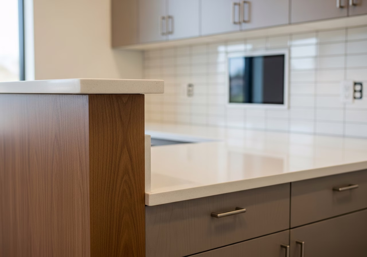 Close-up detail of professionally completed veterinary clinic buildout showing craftsmanship and finish quality