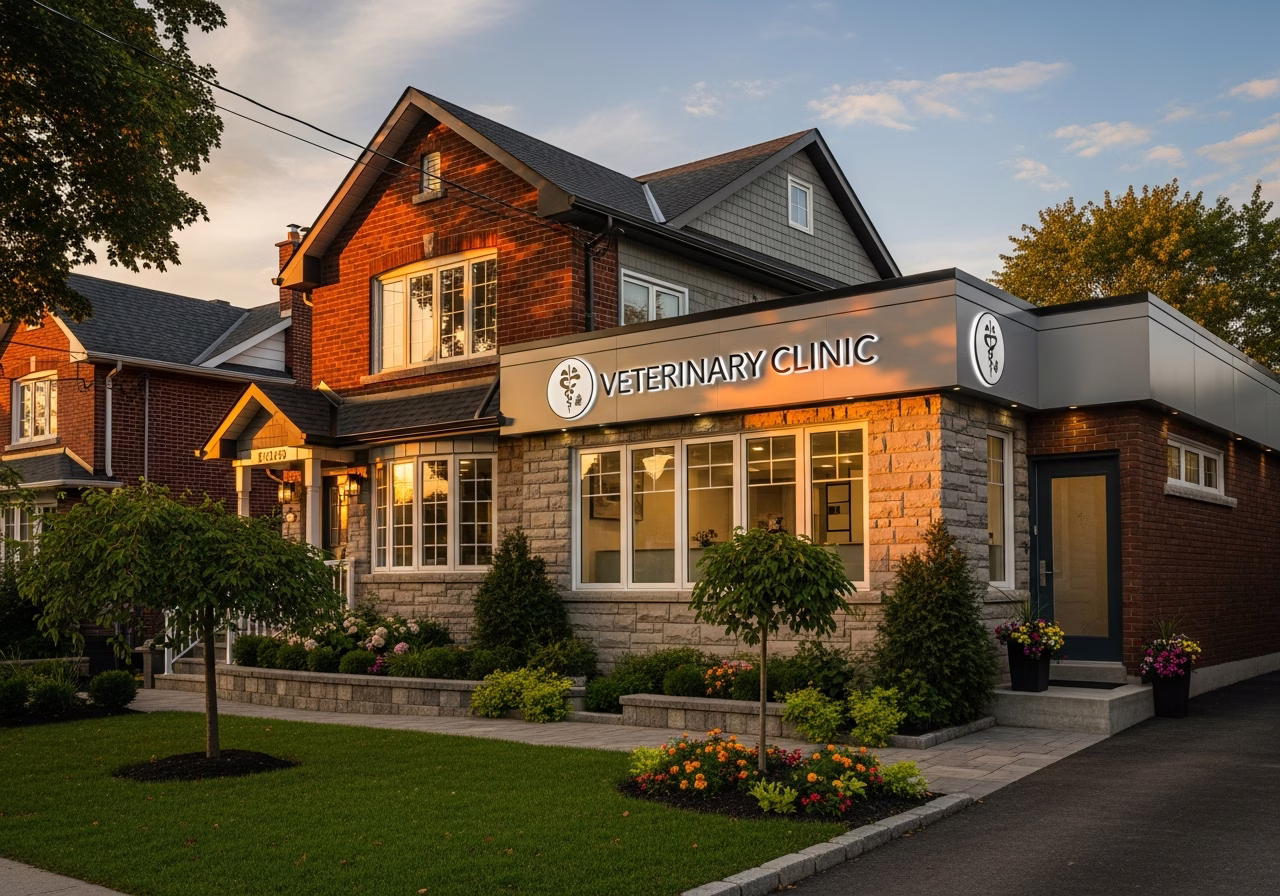 Finished veterinary clinic buildout result in a Toronto/GTA home, photographed in natural light