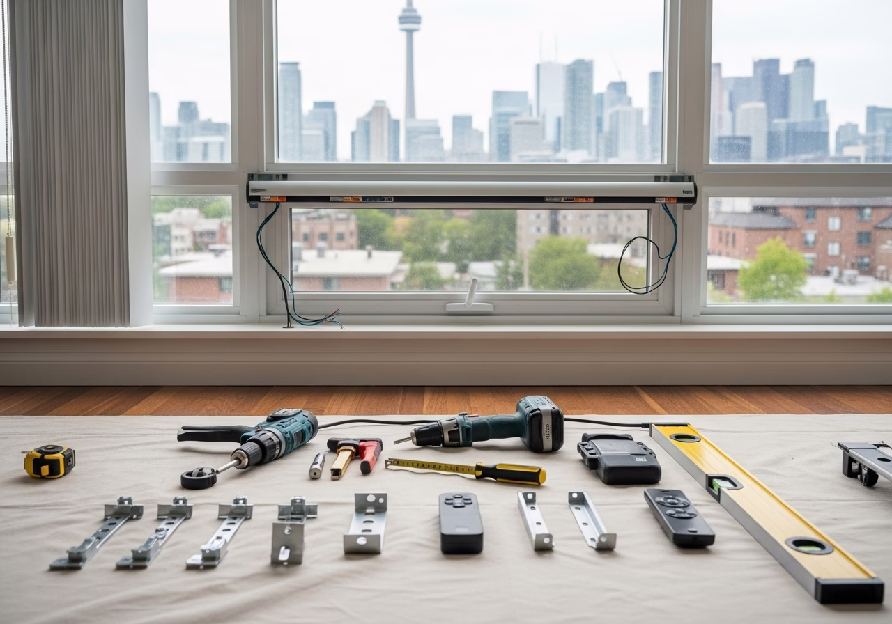 Motorized Blinds Installation tools and materials staged in Toronto home