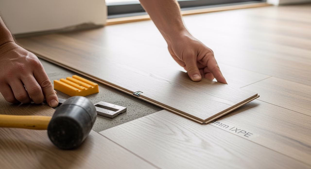 Toronto vinyl flooring installer click-locking a Coretec Plus HD rigid SPC luxury vinyl plank with tapping block and rubber mallet, attached 1mm IXPE underpad visible on plank edge, level concrete substrate