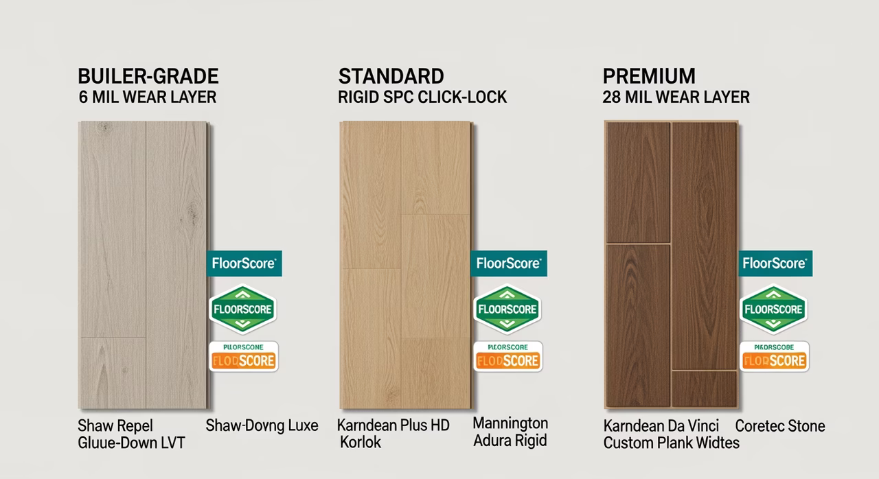 Three Toronto LVP tiers compared: builder-grade 6 mil glue-down LVT (Shaw Repel, Armstrong Luxe), standard 20 mil rigid SPC click-lock with attached pad (Coretec Plus HD, Karndean Korlok), premium 28 mil ceramic-bead-top (Karndean Da Vinci)
