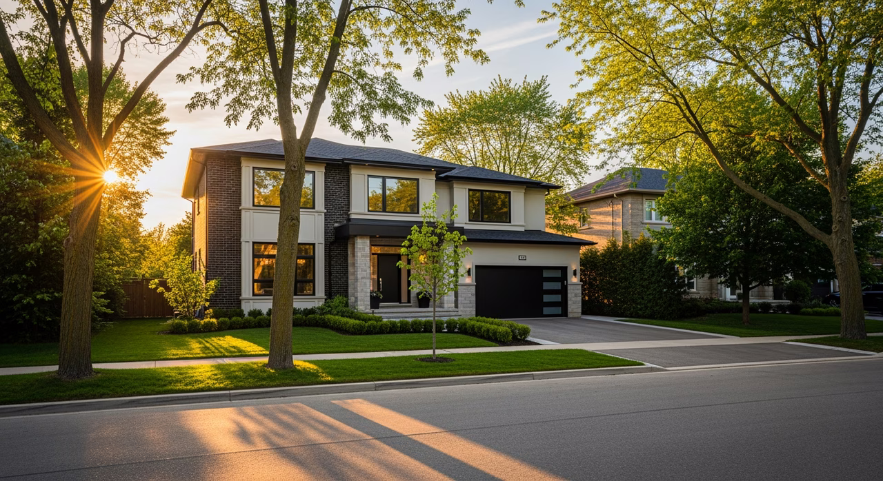 Toronto Mississauga 2010s contemporary detached home at golden hour with mature trees on a suburban family street where waterproof LVP basement installs run $5-$14 per square foot