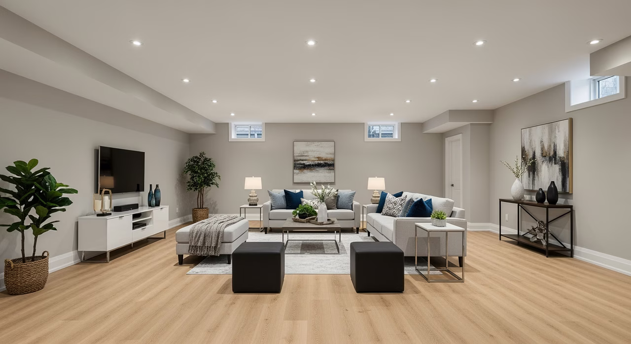 Completed Toronto luxury basement family room with 9-inch wide Coretec Plus HD light-oak LVP, recessed LED pot lights, neutral Benjamin Moore Edgecomb Gray walls, modern furniture staging
