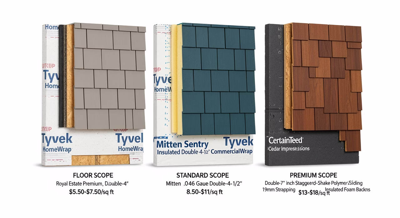 Three Toronto vinyl-siding tiers compared: floor Royal Estate Crest 0.042-inch double-4 horizontal lap with 7 stock colours at $7-$9.50/sq ft, standard Mitten Sentry Plus or CertainTeed Monogram 0.044-inch double-5 dutch-lap with 25 colours and insulation backing at $9.50-$13/sq ft, premium Mitten Designer or CertainTeed CedarBoards Insulated 0.046-inch cedar-grain board-and-batten with 30+ designer colours at $13-$18/sq ft