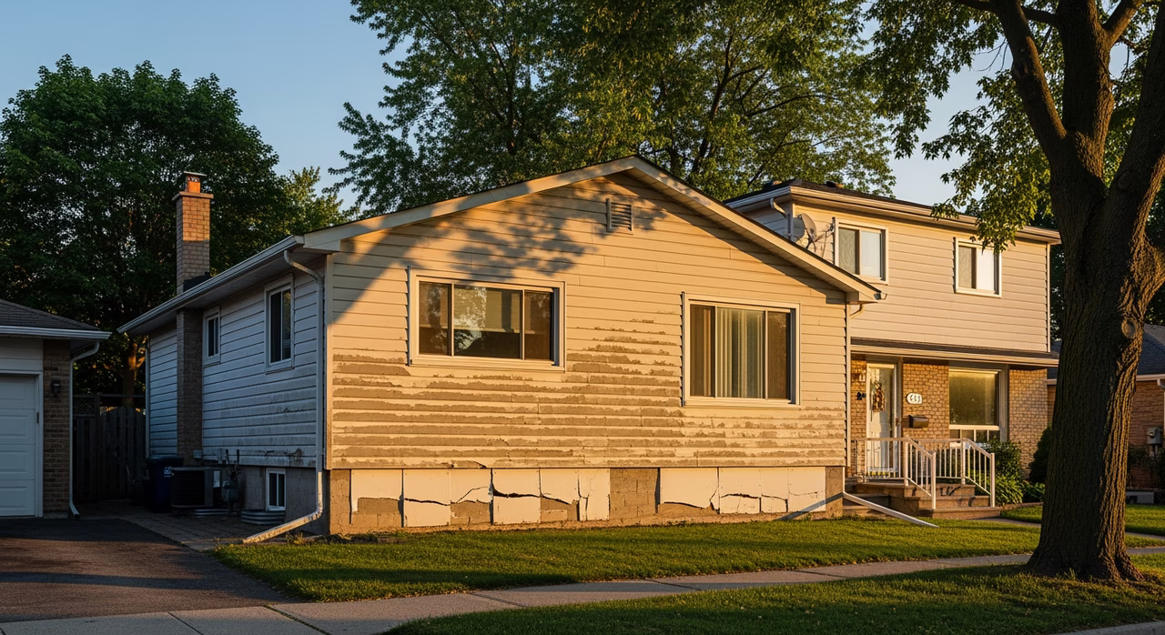 Toronto Etobicoke 1970s detached two-storey home with end-of-life aluminum siding being stripped for Mitten Sentry Plus insulated vinyl upgrade on family street at golden hour where full-perimeter replacement with R-2.5 insulation backing commonly runs $15,000-$22,000