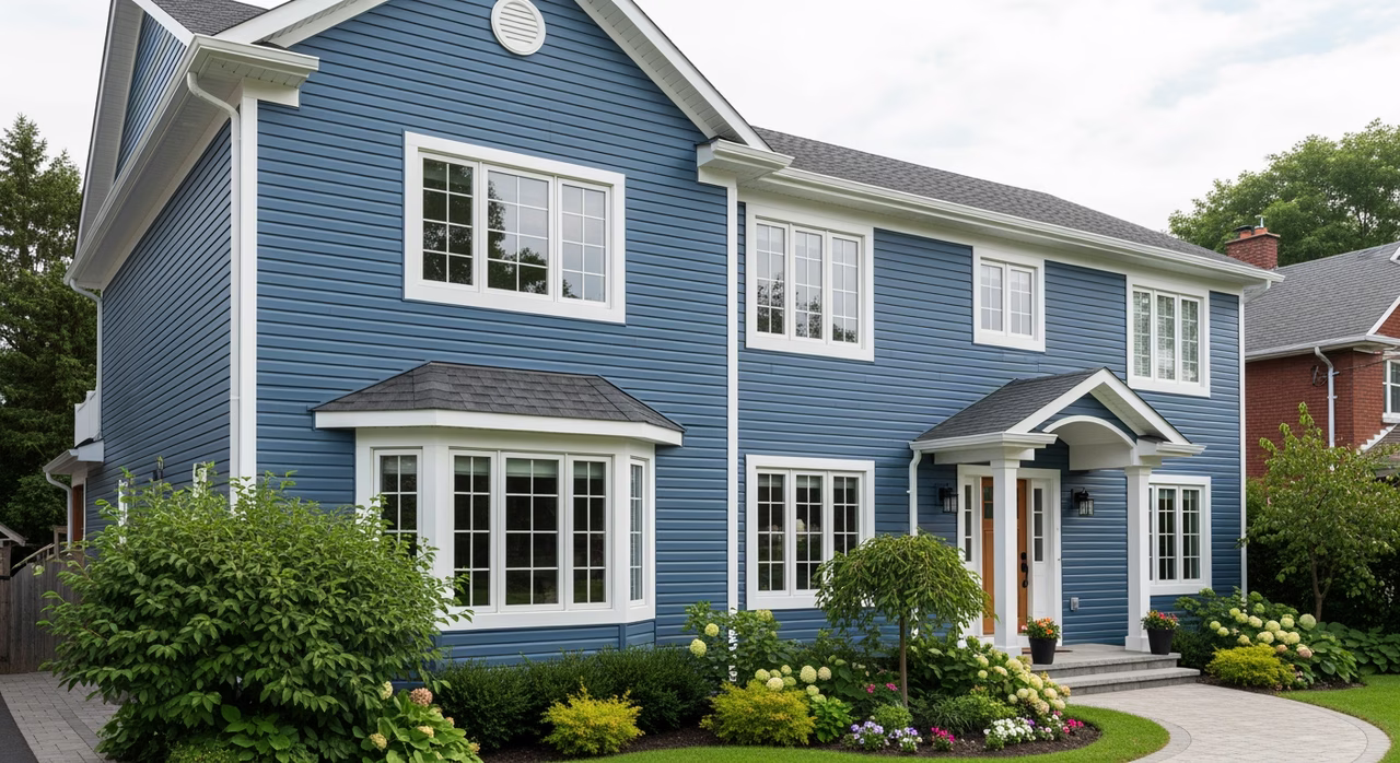Completed Toronto detached home with newly-installed Mitten Sentry Plus insulated vinyl siding in Slate Grey factory finish, dutch-lap profile, kick-out flashings at every roof-wall intersection, custom millwork trim around windows and doors, white soffit and fascia in matching profile