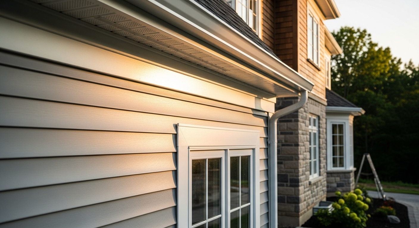 Detail view of a vinyl siding installation job finished in Caledon — expert craftsmanship