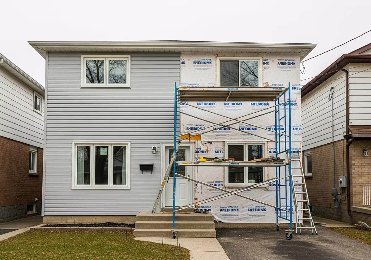 Toronto home vinyl siding mid-install — half siding installed over Tyvek wrap