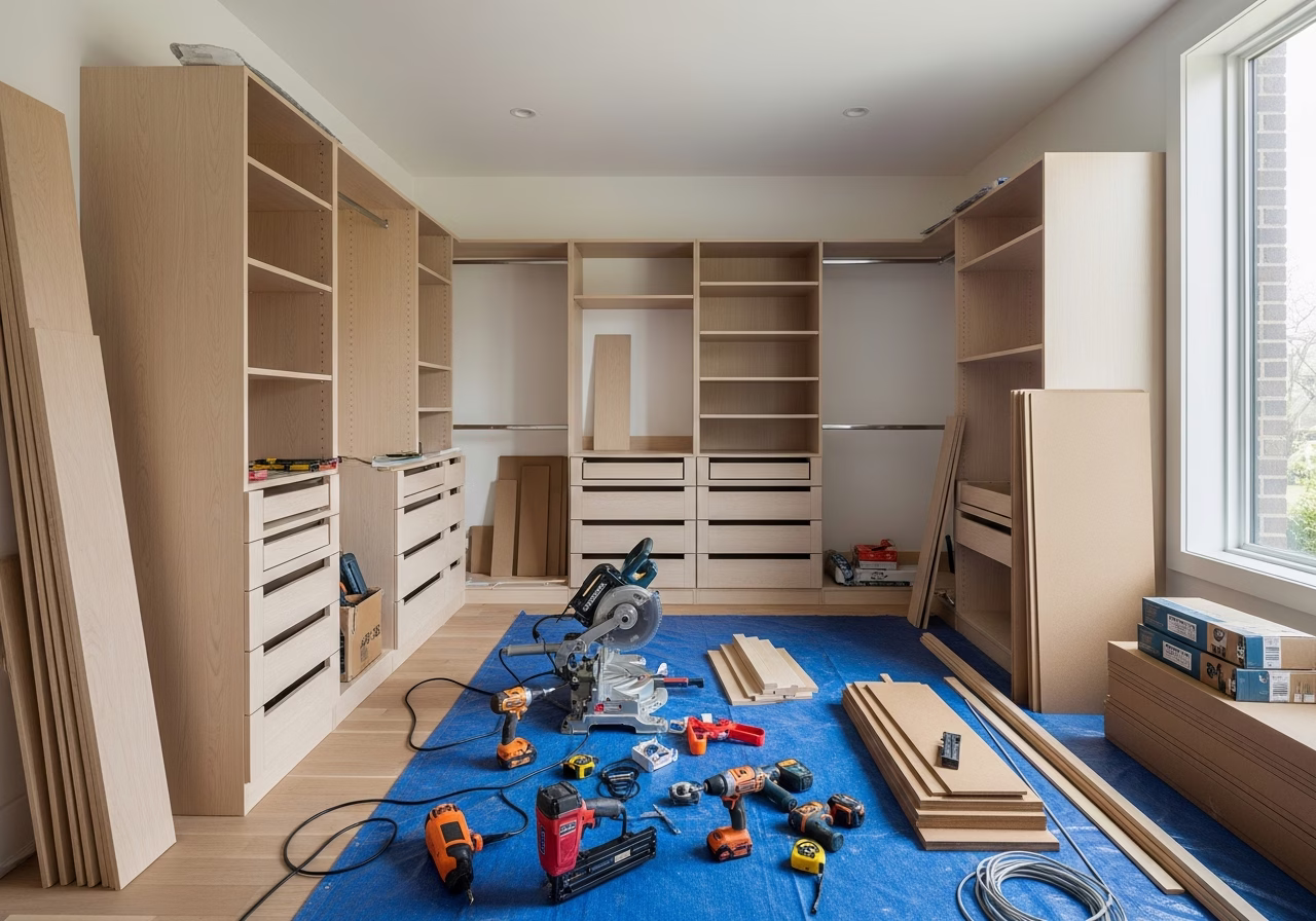 Walk-in Closet Custom Build in progress: tools, materials, and protective floor covering staged for a GTA kitchen and bath re