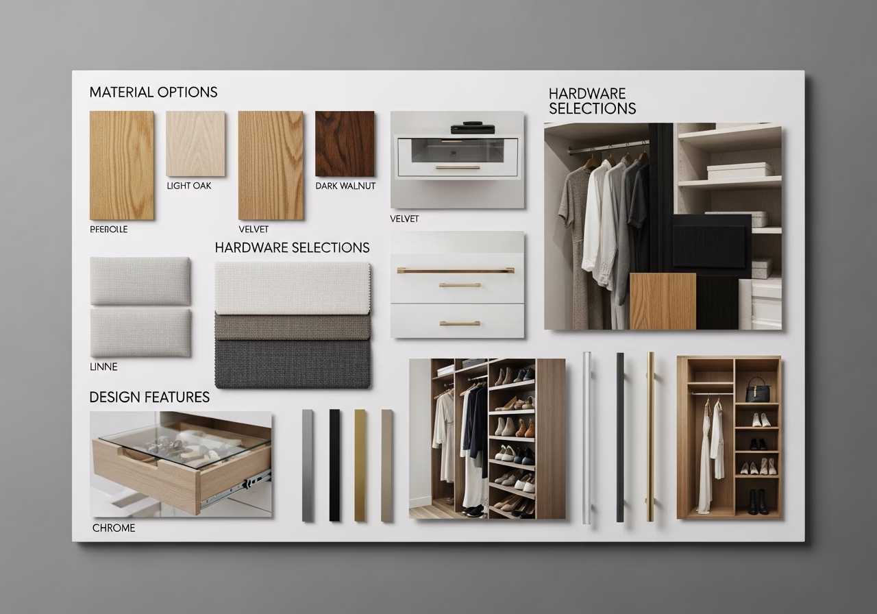 Side-by-side product and material comparison for walk-in closet custom build — typical brands and finishes used in GTA kitche