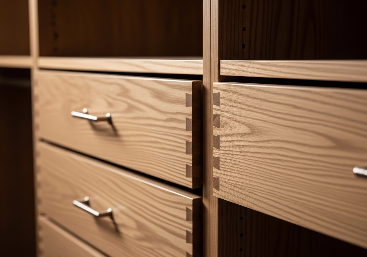 Close-up detail of professionally completed walk-in closet custom build showing craftsmanship and finish quality