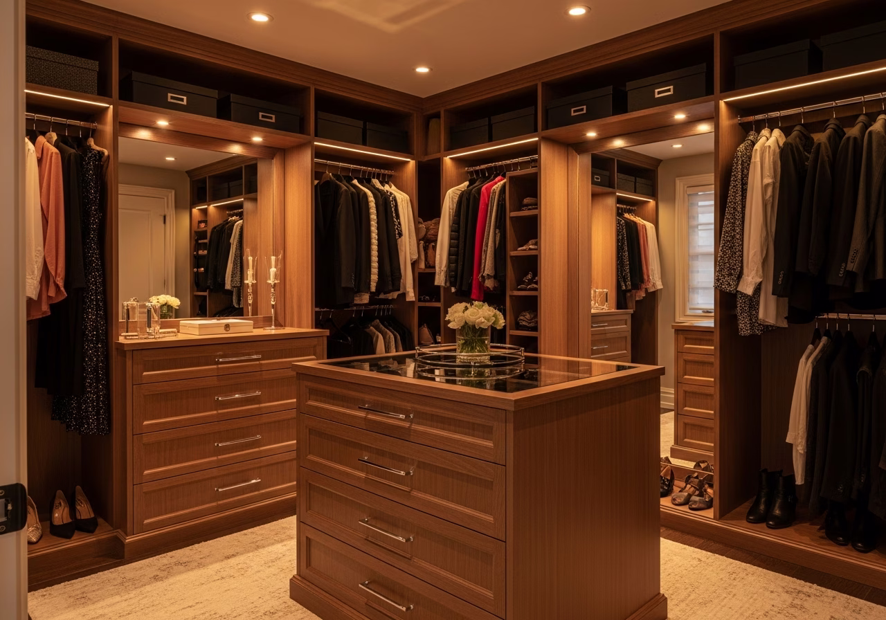 Finished walk-in closet custom build result in a Toronto/GTA home, photographed in natural light