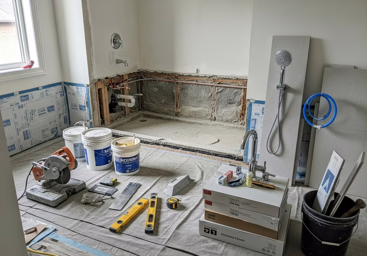 Bathtub to Shower Conversion tools and materials staged in Toronto home