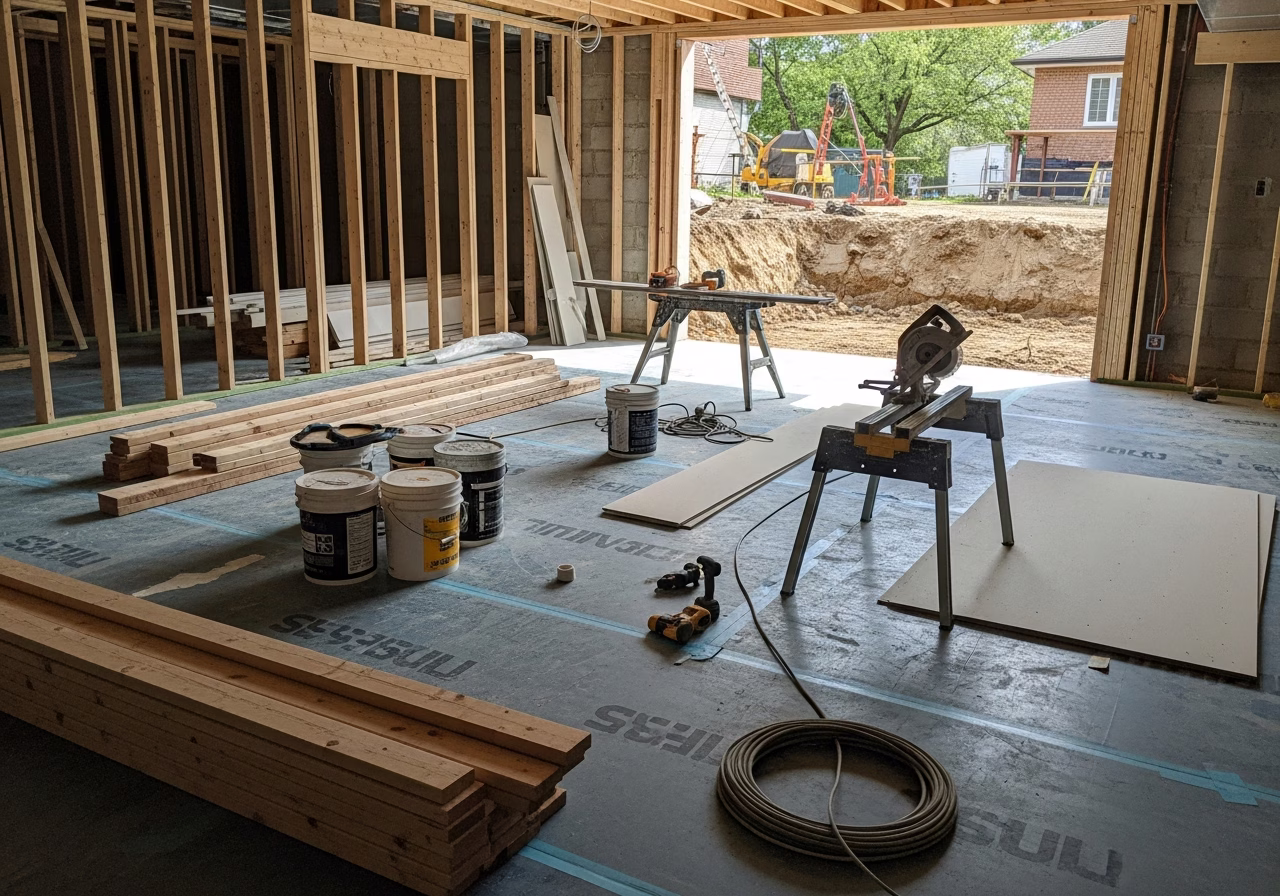 Walkout Basement Creation in progress: tools, materials, and protective floor covering staged for a GTA ARU conversion projec