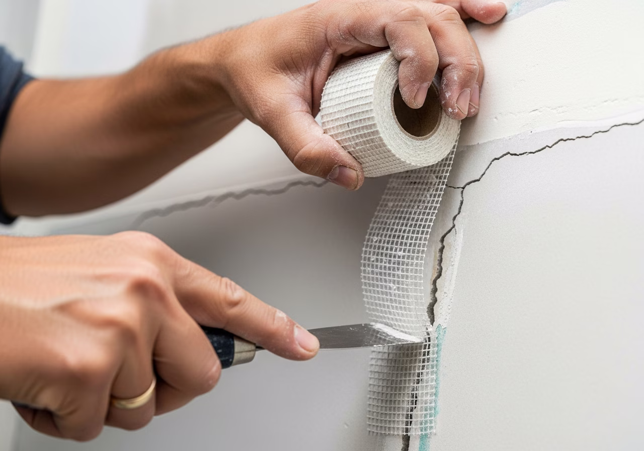 Applying fibreglass mesh tape over wall crack — RenoHouse drywall repair technique