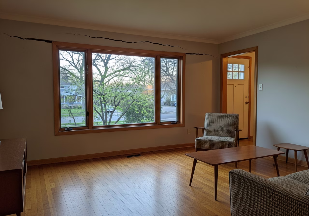 Settling crack across drywall in Etobicoke 1960s bungalow living room above window frame