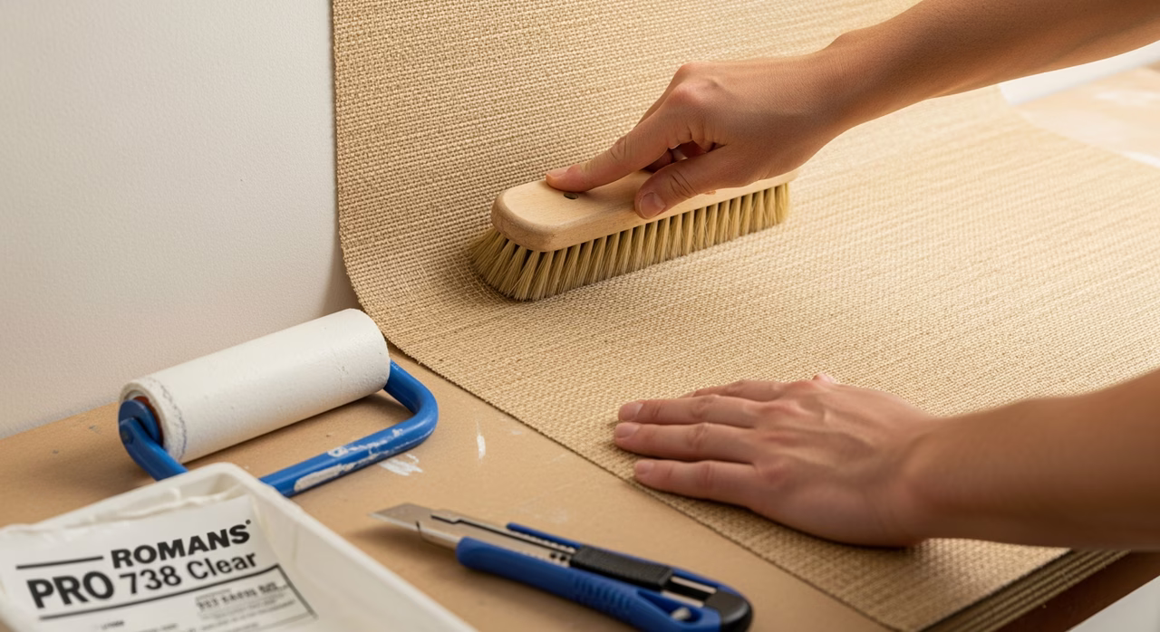 Toronto wallpaper installer smoothing freshly-hung Phillip Jeffries natural-fibre grasscloth onto primed wall with wallpaper smoothing brush, plastic seam roller and utility knife with fresh blade on worktable