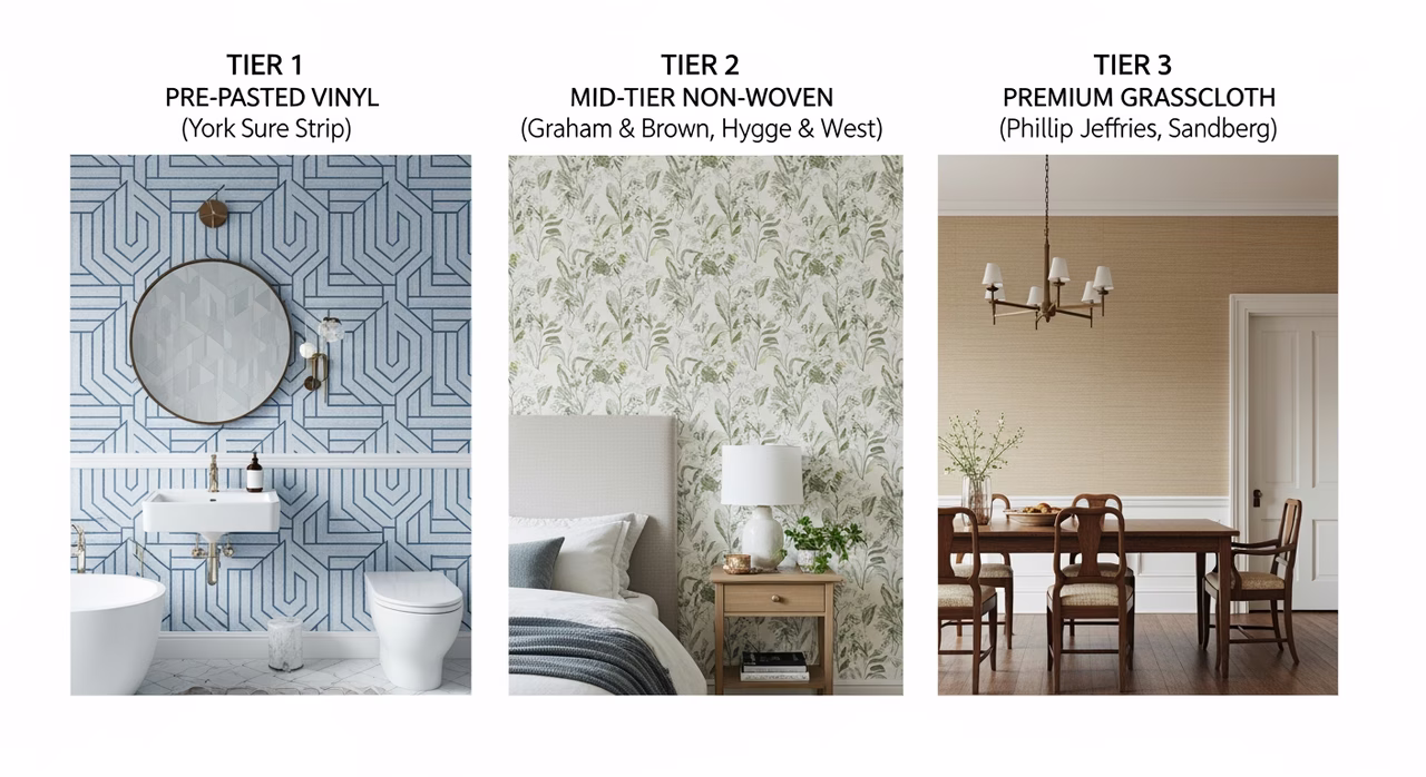 Three Toronto wallpaper tiers compared: pre-pasted vinyl York Sure Strip powder-room accent wall, mid-tier non-woven Graham & Brown and Hygge & West bedroom feature wall, premium Phillip Jeffries grasscloth full-room dining treatment
