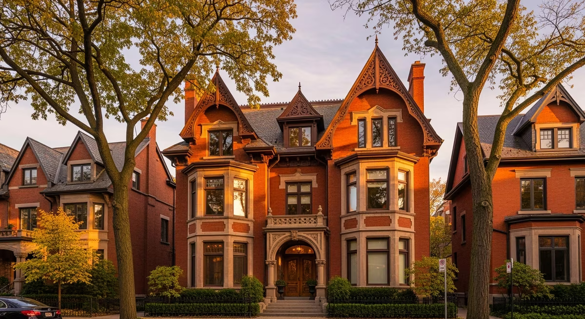 Toronto Yorkville 1900s detached red-brick mansion at golden hour with mature trees on leafy street where designer wallpaper from Romo Thibaut Phillip Jeffries grasscloth runs $15-$22 per sq ft