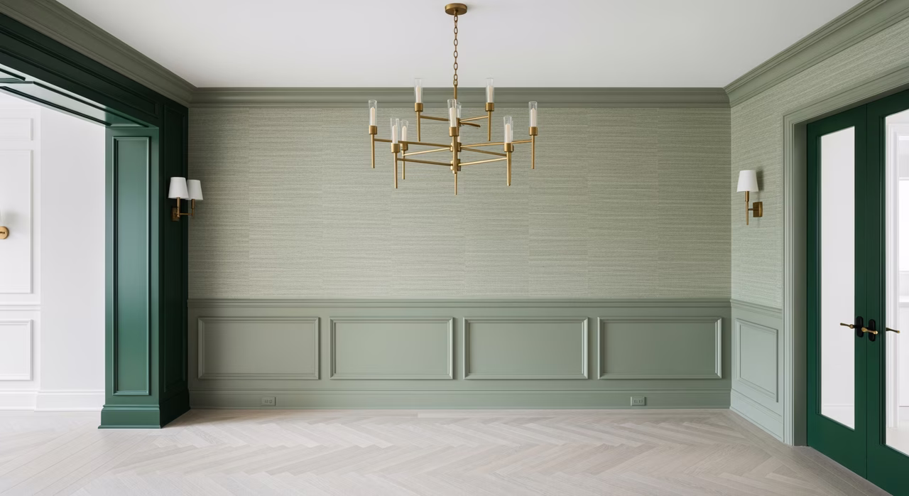 Completed Toronto luxury dining room with full-wall Phillip Jeffries sage-green grasscloth, painted satin wainscot below dado rail, herringbone white-oak flooring, modern brass chandelier, forest-green accent millwork