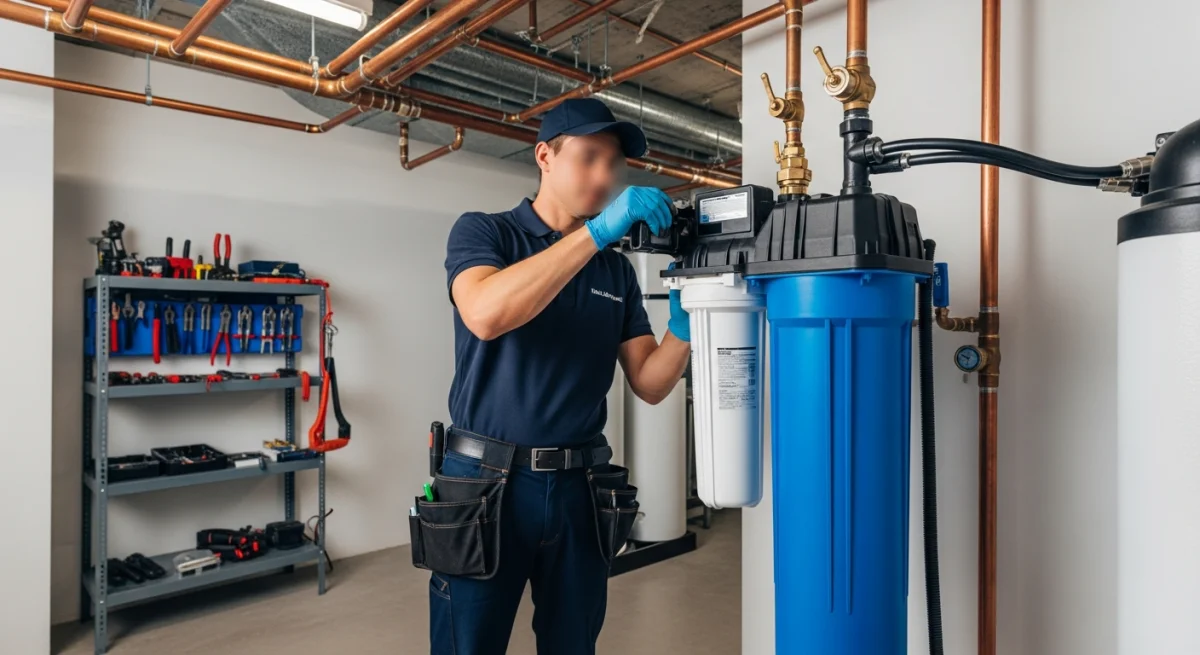 Homeowner changing a water filter cartridge in an under-sink filtration system