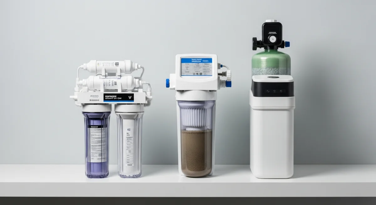 Five water filtration system types: under-sink RO, whole-house carbon, water softener, UV purifier, sediment pre-filter