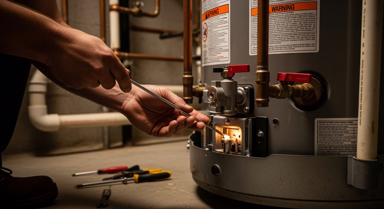 Licensed 306A plumber replacing thermocouple on Rheem natural gas water heater in Brampton home