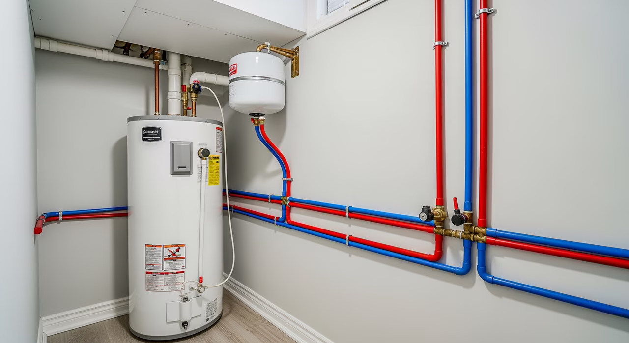 Water heater repair service in Scarborough basement with proper drain pan and shutoff valves
