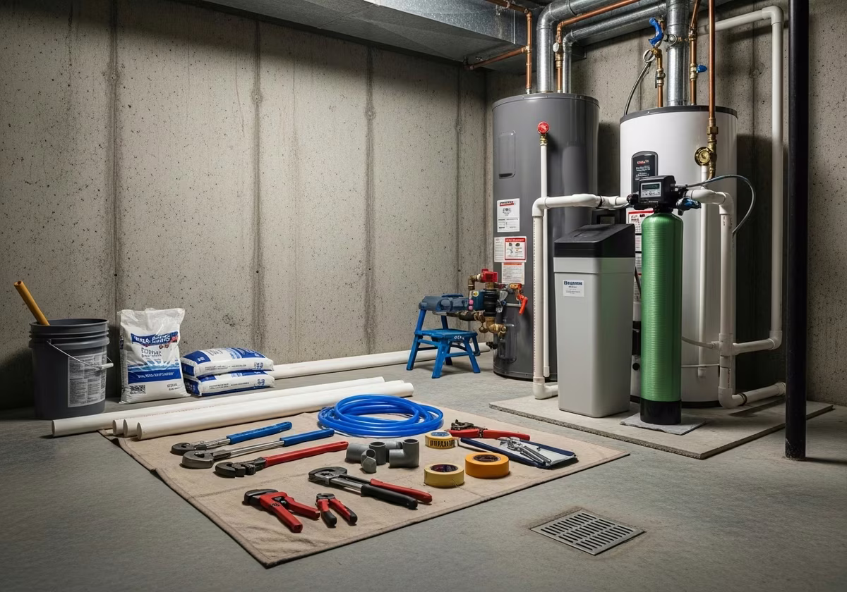 Tools and materials staged for water softener installation
