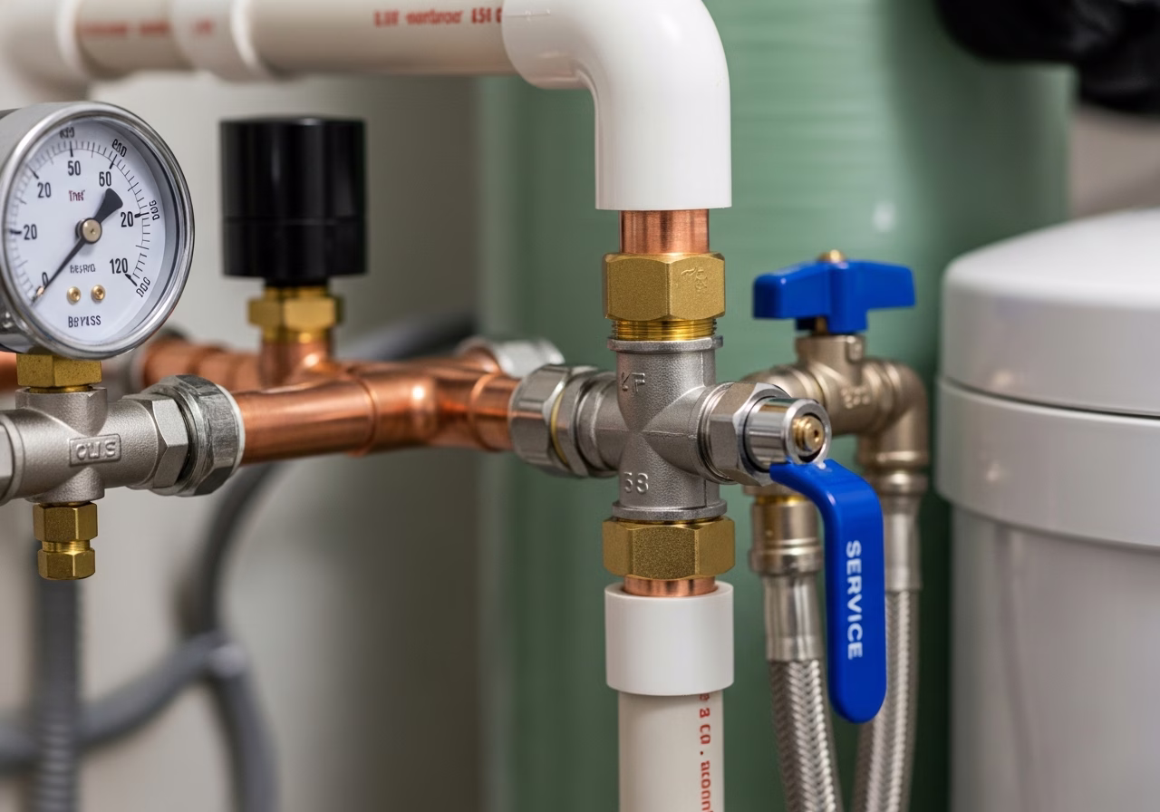 Close-up detail of finished water softener installation